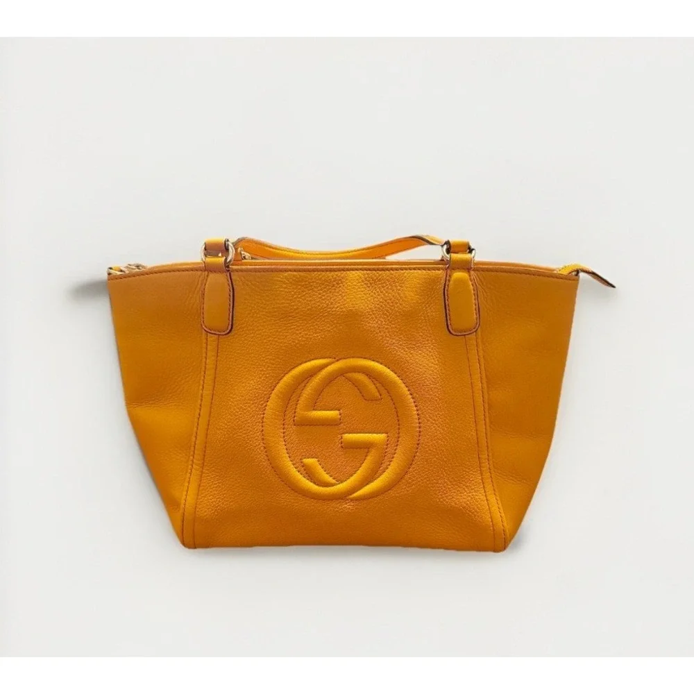 Gucci Soho Small Leather Tote Orange Pebbled Interlocking G Tassel Handbag